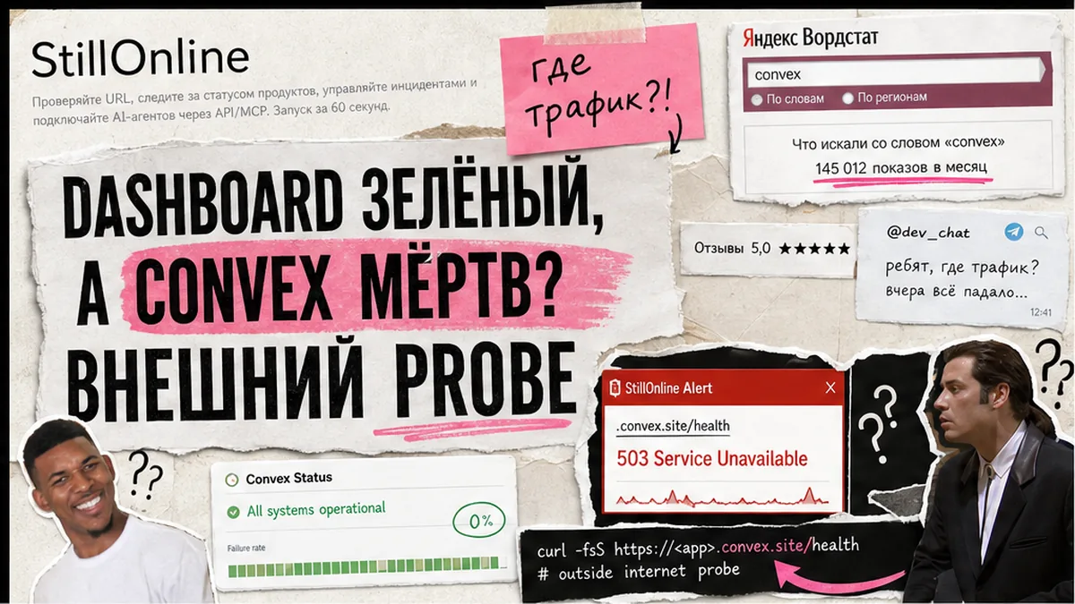 StillOnline: дашборд Convex зелёный, клиенты не сохраняют данные — нужен внешний GET probe