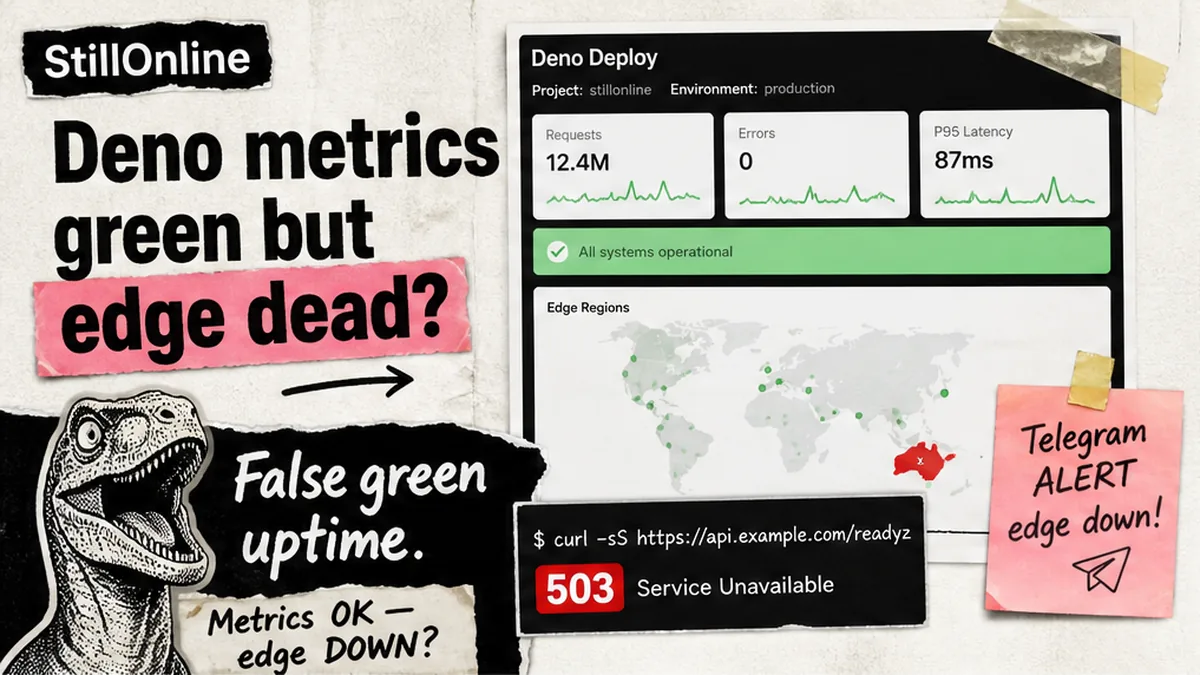 StillOnline brand collage: Deno Deploy metrics green while external GET on edge fails — false green monitoring