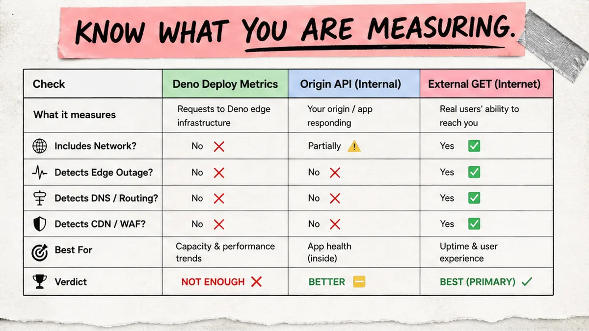 Matrix: Deno dashboard metrics vs origin API vs external GET probe