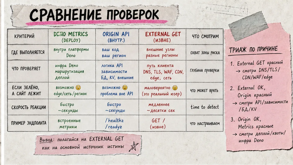 Матрица: метрики Deno vs origin API vs внешний GET probe