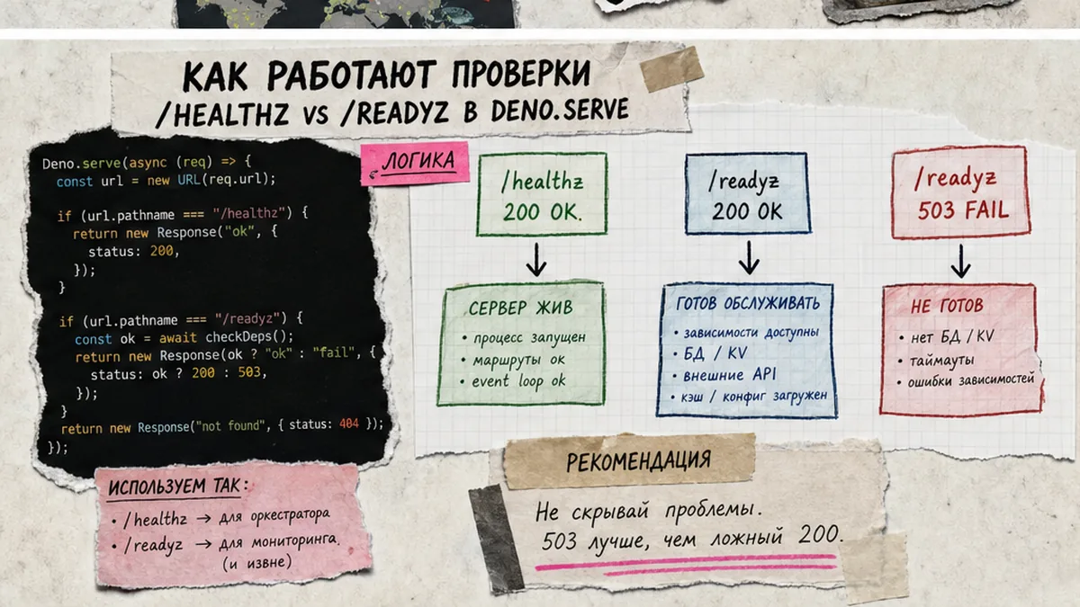 Схема: /healthz и /readyz с 503 при сбое