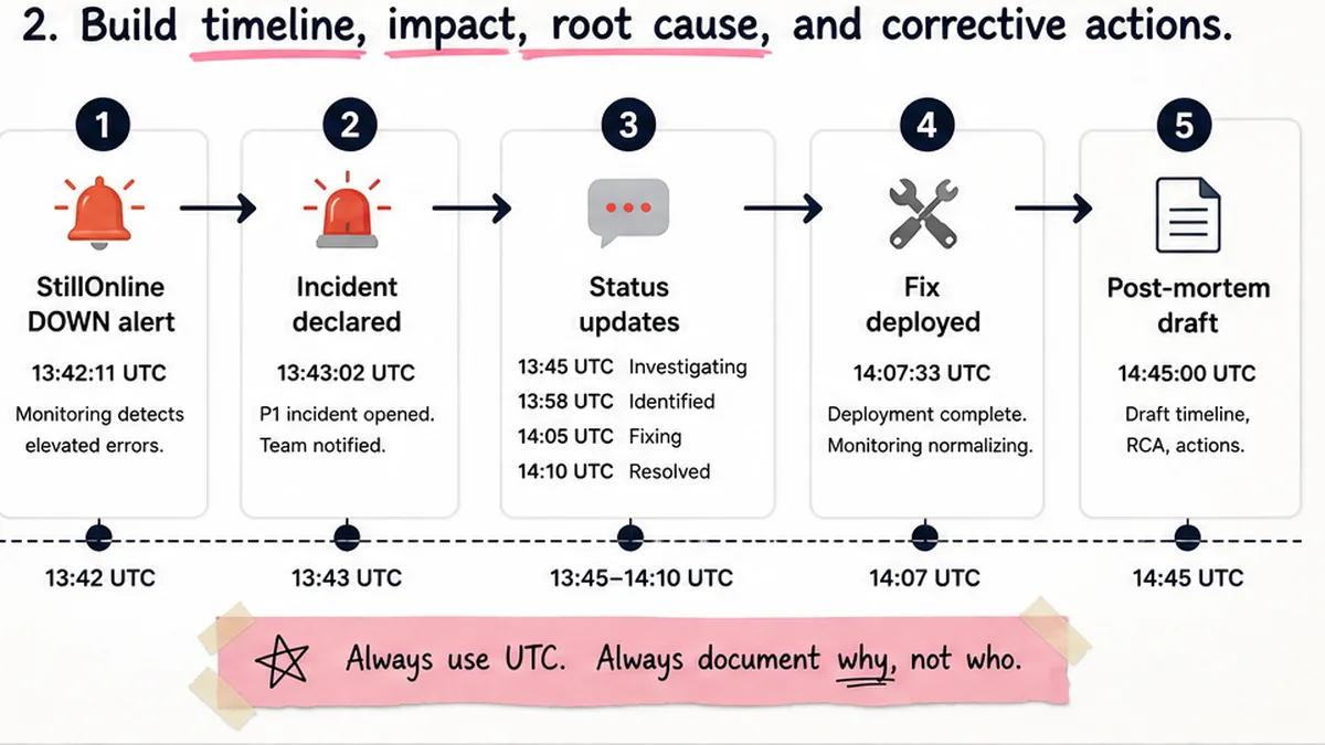Workflow diagram: outage timeline from alert to post-mortem