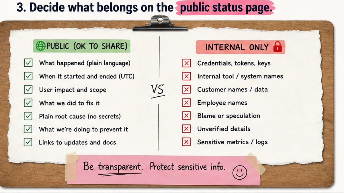 Checklist board: public vs internal post-mortem content