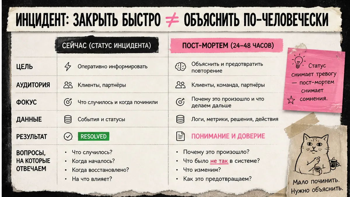 Сравнение: incident note vs полный post-mortem