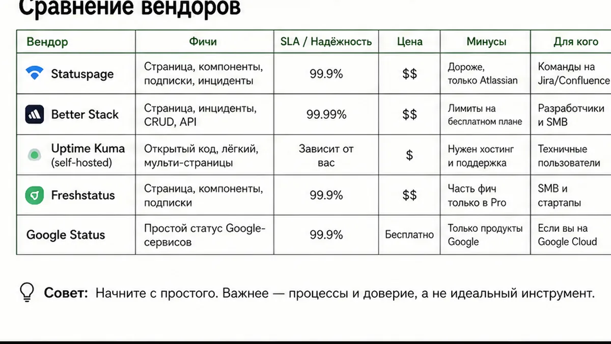Workflow diagram: four vendors compared on shareable status page URLs