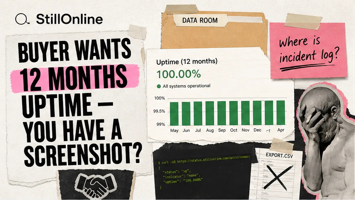 StillOnline brand collage: status page due diligence before SaaS acquisition data room