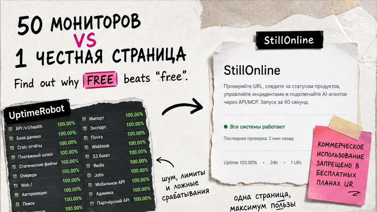 StillOnline brand collage: free uptime monitoring for multiple side projects — 50 monitors vs one status page workflow