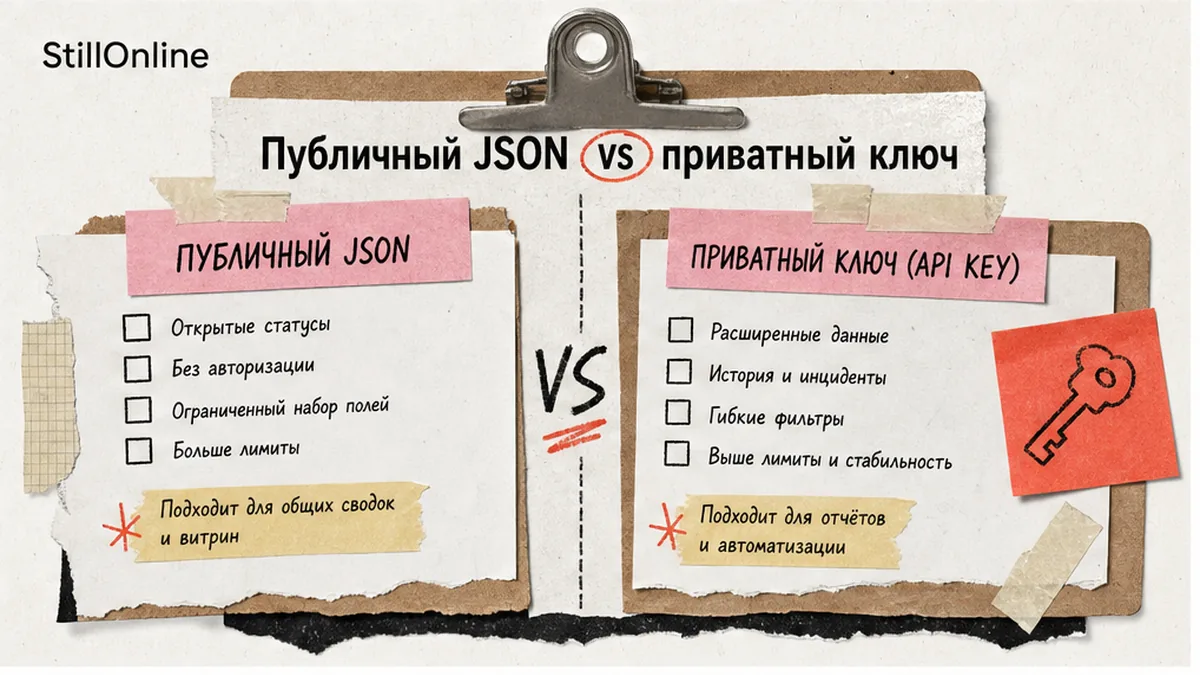 Чеклист: публичный JSON статуса vs приватный API-ключ для reporting-скриптов