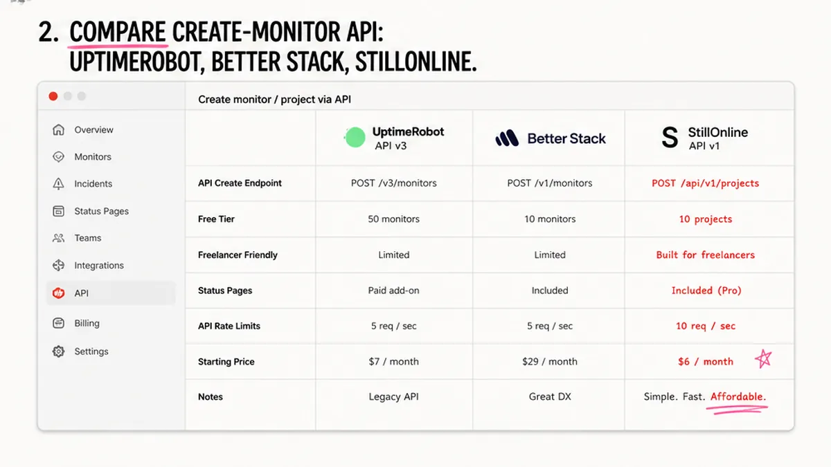 Comparison UI: create-monitor API at UptimeRobot, Better Stack, StillOnline
