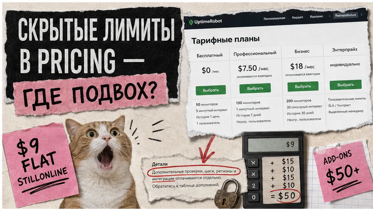 Обложка: прозрачные цены uptime monitoring — логотипы шести вендоров и flat-rate тарифы