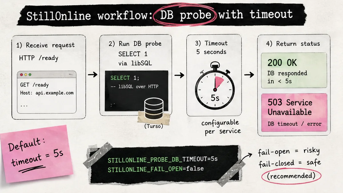 Workflow diagram: read-only SELECT 1 probe via libSQL client