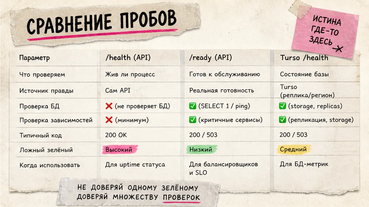 Таблица: app /health vs /ready vs прямой Turso /health