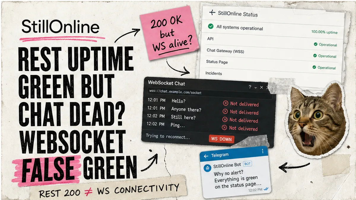 StillOnline brand collage: REST uptime green while WebSocket chat is dead — false green monitoring