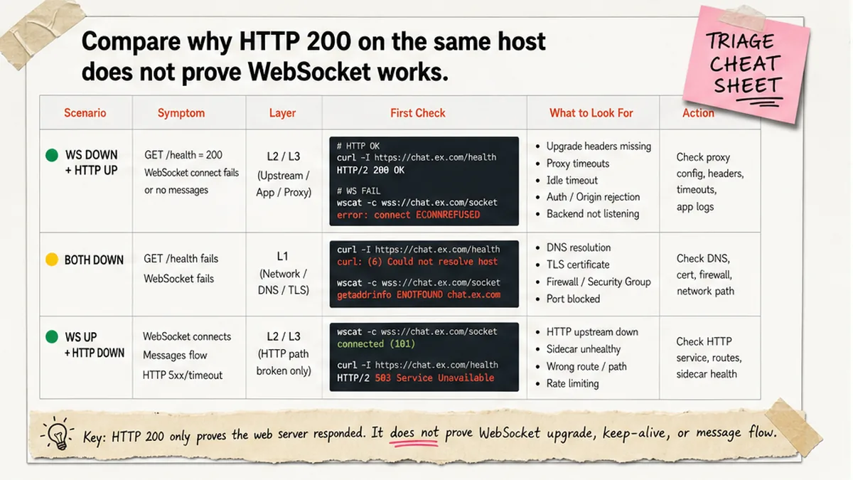 Triage matrix: WebSocket DOWN with HTTP UP vs both DOWN