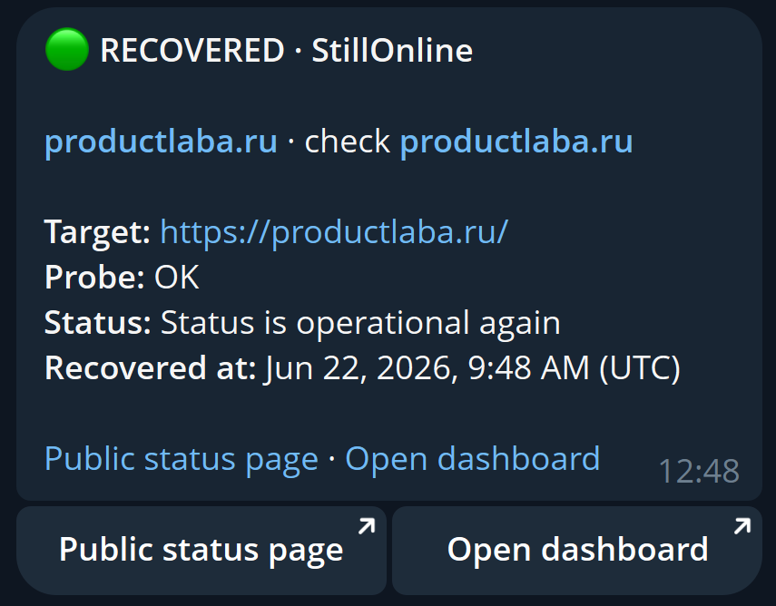 Уведомление бота StillOnline: RECOVERED, probe OK, кнопки Public status page и Open dashboard
